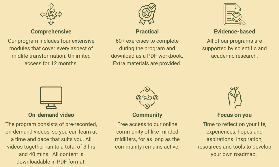 Purpose, meaning and change with Midlife Crossroads Academy - without the midlife crisis. Benefits of Steering through Transitions program.