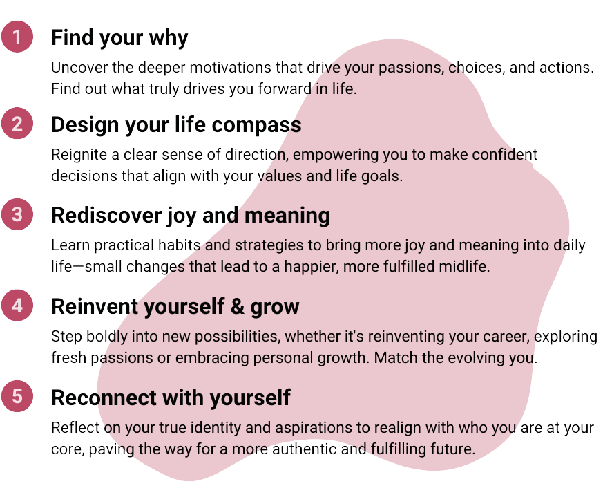 Content of Fostering Purpose program. Purpose, meaning and direction with Midlife Crossroads Academy - without the midlife crisis.