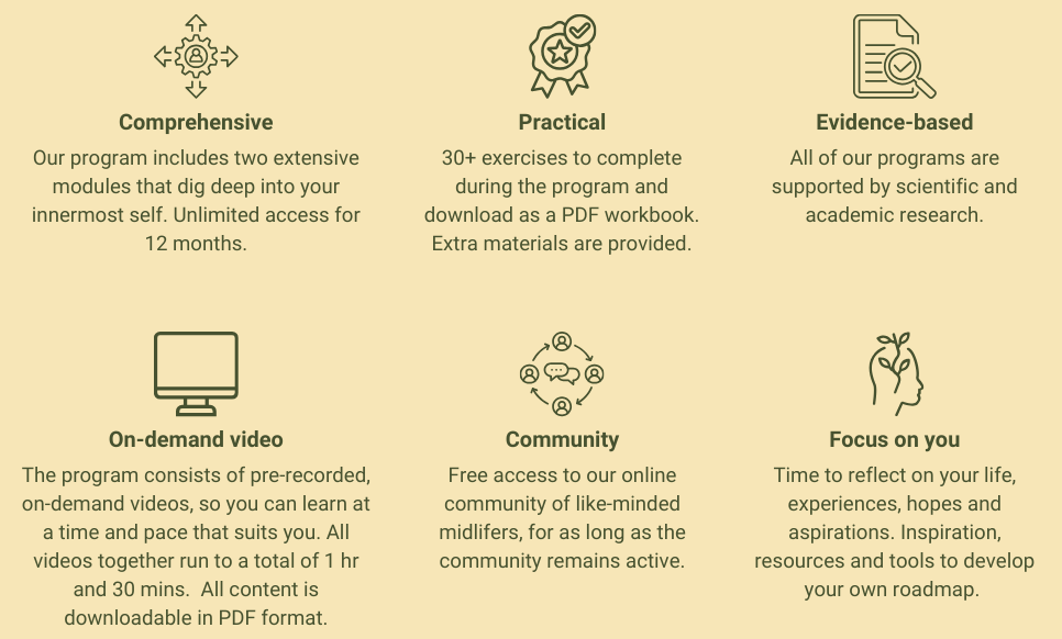 Fostering Purpose program benefits, Purpose, meaning and direction with Midlife Crossroads Academy - without the midlife crisis.