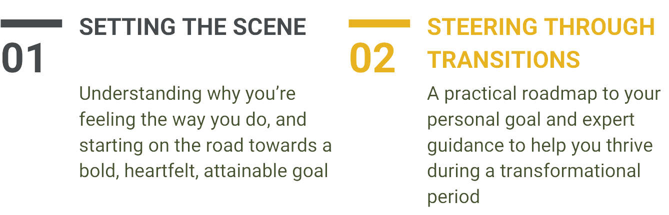 Steering through Transitions program modules. Purpose, meaning and direction with Midlife Crossroads Academy - without the midlife crisis.